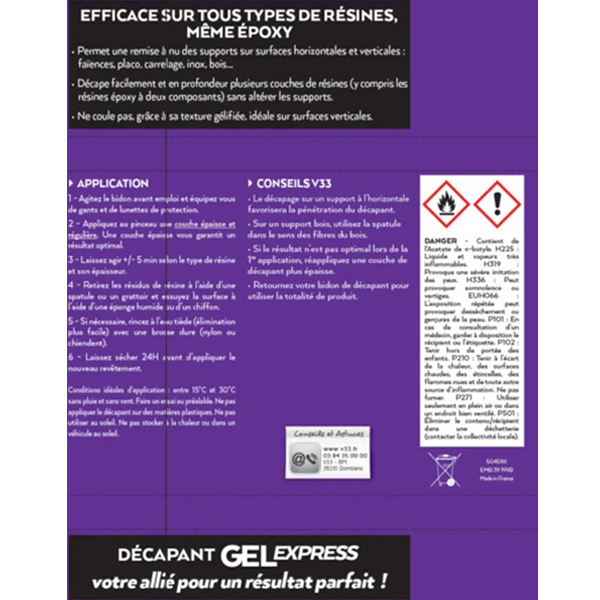 Traitement Du Bois Décapant Gel Express Spécial Résine V33 Sanitaires, Murs, Sols 0,5L – Image 2