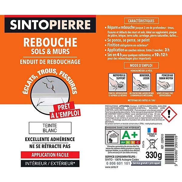 Mastic Et Préparation Support Mastic Rebouche Sols Et Murs Sinto Pierre Blanc Tube 330 Grammes