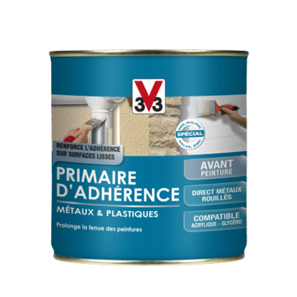 Peintures Antirouille Et Spéciales Fer Primaire Adhérence V33 Métaux Et Plastiques Gris Clair Mat Pot 0,5L – Image 2